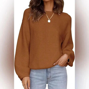 ZESICA Crew Neck Long Lantern Sleeve Casual Loose Ribbed Knit Solid Soft Sweater